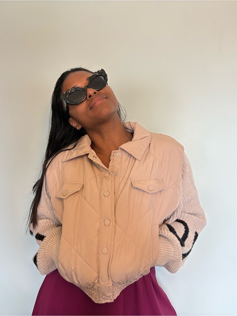 Women’s Beige Quilted Jacket with Knit Sleeves